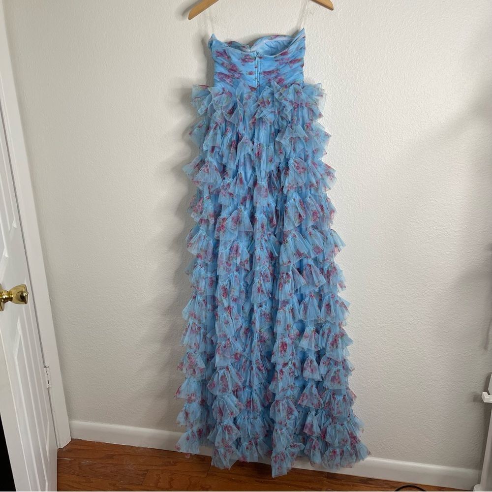 Faereisty Dress Strapless Tulle Blue & Pink Floral Ruffle Layered Evening Gown - Picture 6 of 6